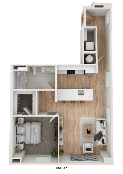 A top-down view of a small apartment with a bedroom, living room, and bathroom.